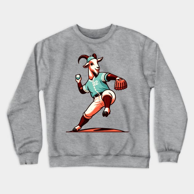 Throwback Goat pitcher - Vintage 1990s Cartoon Style Baseball Art Crewneck Sweatshirt by TimeWarpWildlife